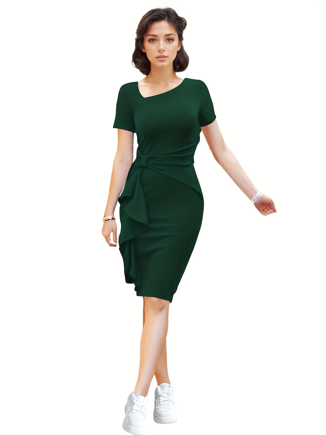 Women's Stretchy Bodycon Dress - Elegant Ruched Detailing & Asymmetrical Hem, Machine Washable Solid Color Party & Casual Dress for Spring Summer Fall, Casual Summer Dresses, Seasonal Fashion, Highelasticity Fabric