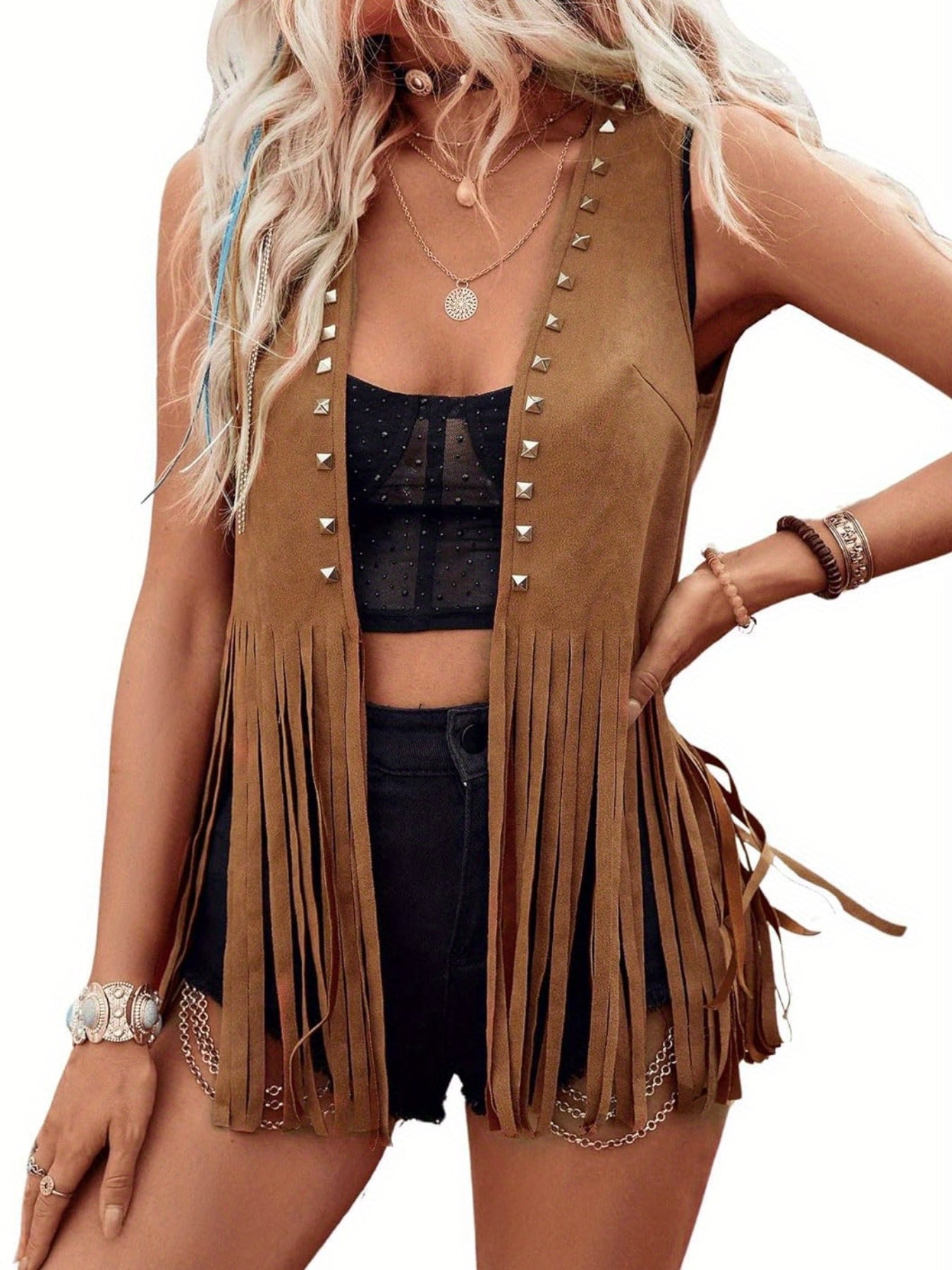 Summer Outfits For Women Rivet Tassel Vest Open Front Sleeveless Faux Suede Vest Jacket Hippie Costumes