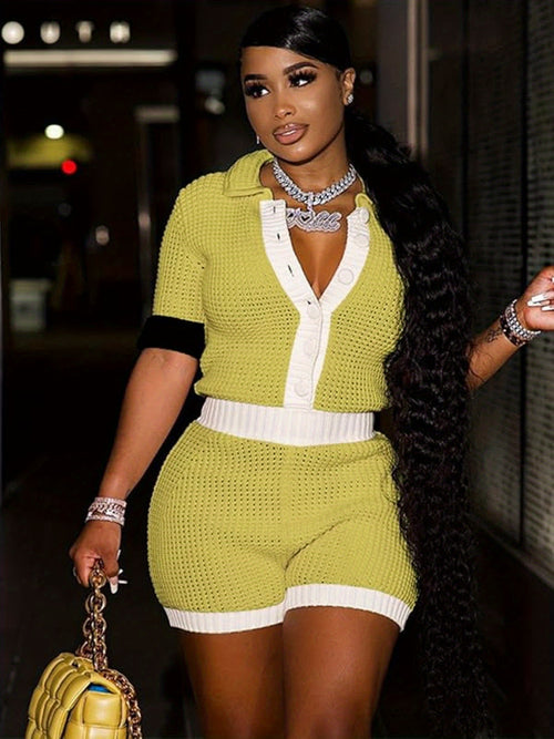 2pcs Outfits for Women Sexy Color Block Y2k Button up Shirts and Shorts Set Club Outfits Beach Wear