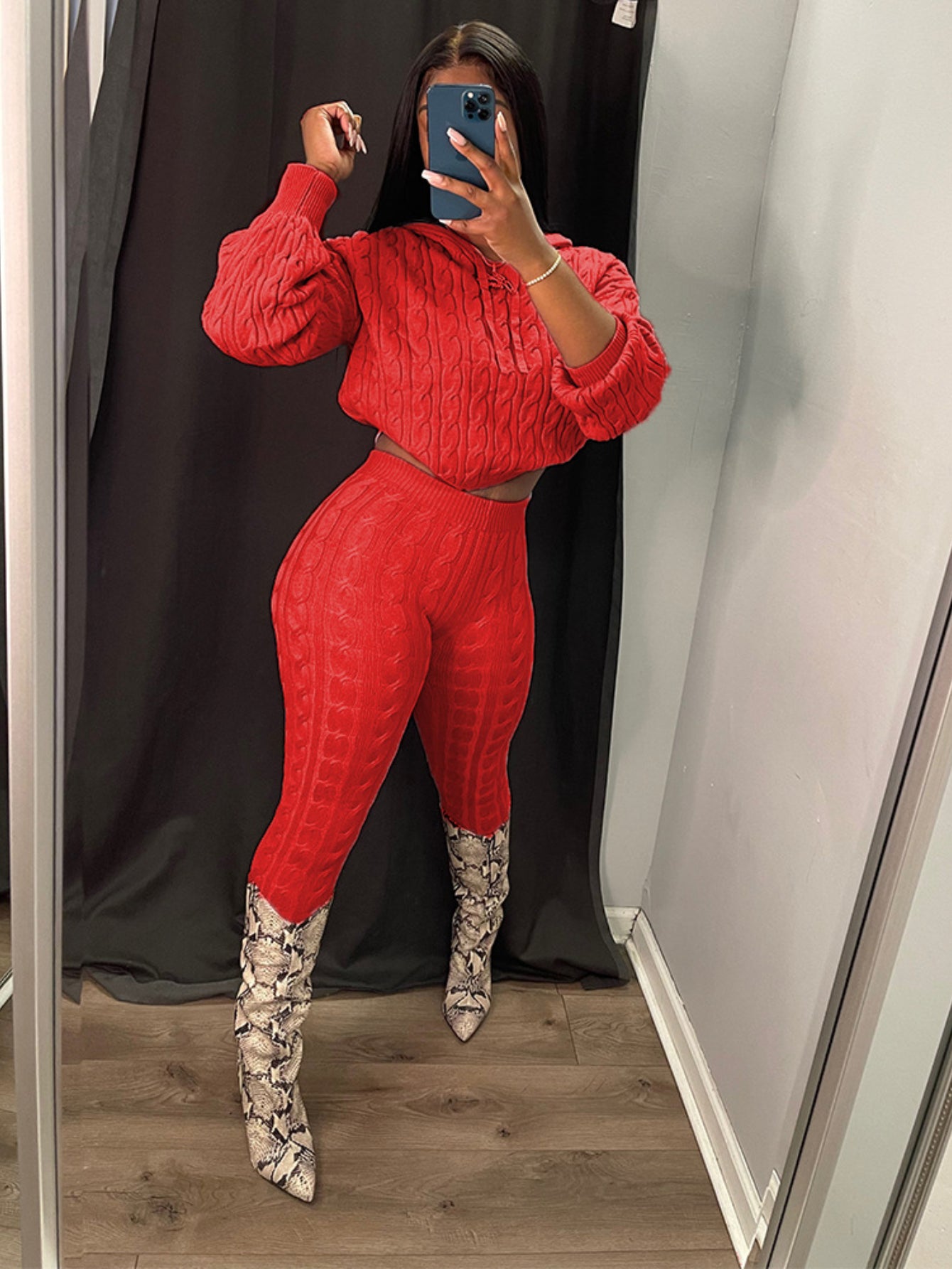 Women's Warm Winter Outfit - 2pcs Red Twisted Hoodie & Leggings Set, Oversized Hooded Sweater with Matching Pants - Cozy Solid Color Outfits for Casual & Party Wear, Stylish Fall Winter Outfits for Women (Easy-Care Fabric)