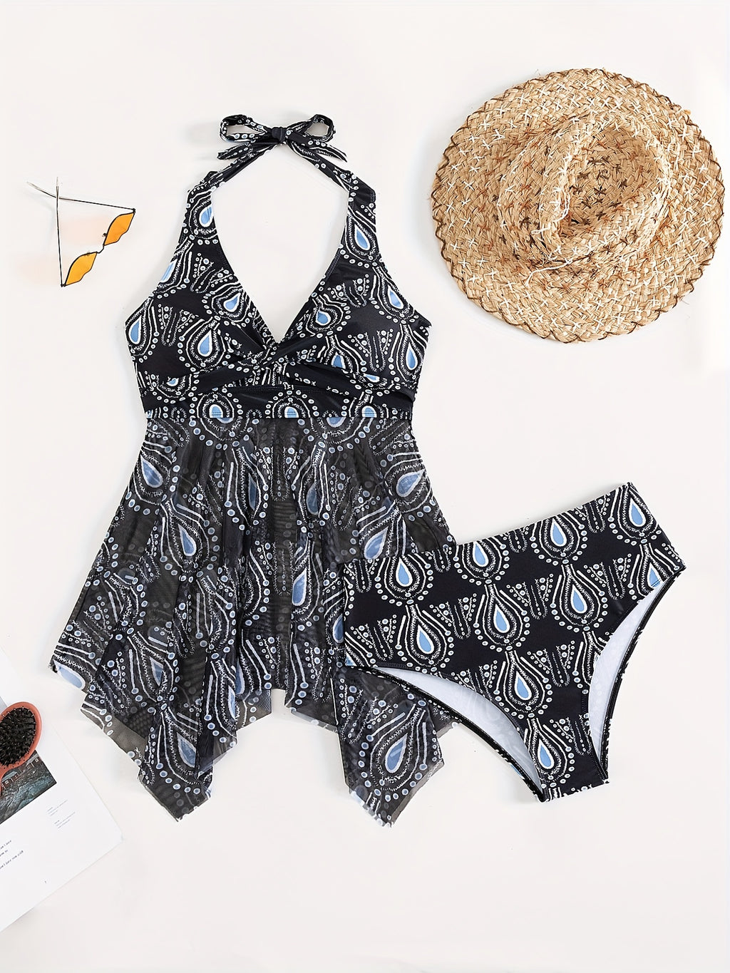 Flirty V Neck Tankini Set - Eye-Catching Allover Print with Tie Bow Detail, Backless Skirted Swimsuit - Stretchy Mesh for Beach & Pool, Womens Two-Piece Swimwear
