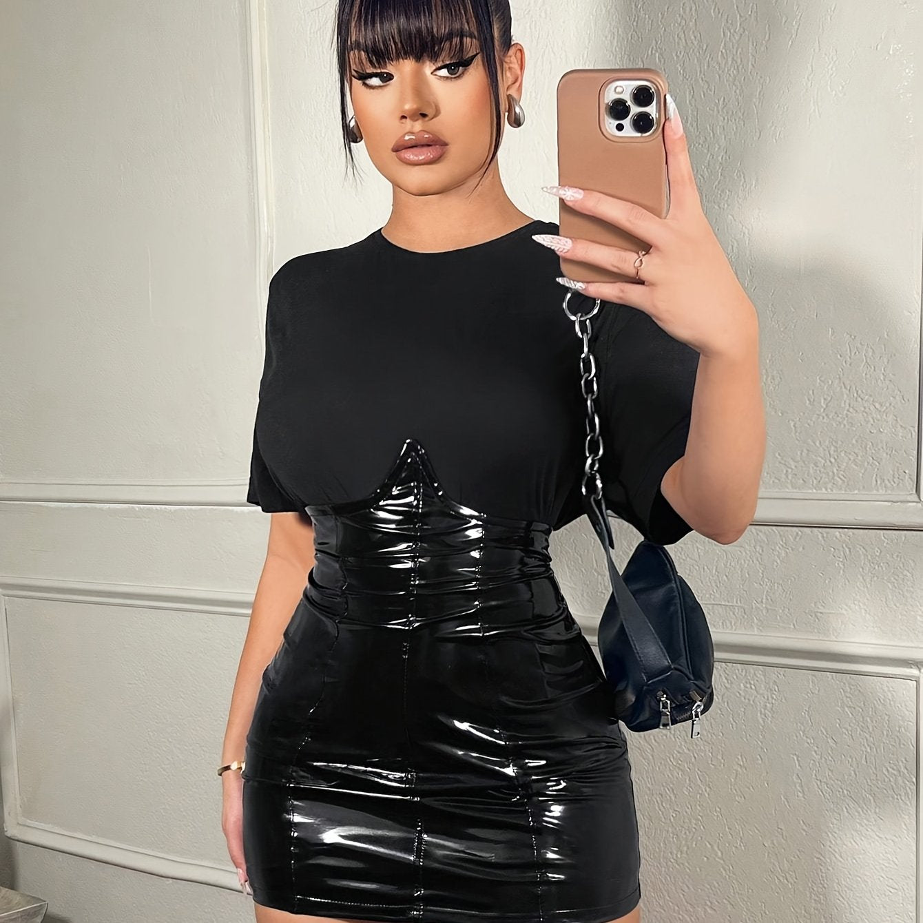 Plus Size, Women's Glossy Black PU Leather Bodycon Mini Skirt - Slim-Fit Stretchy Short Skirt for Party Wedding Clubwear, Easy-Care Hand Washable Fabric, Short Skirts For Women, Short Skirts For Women Plus Size, Skirts For Wo
