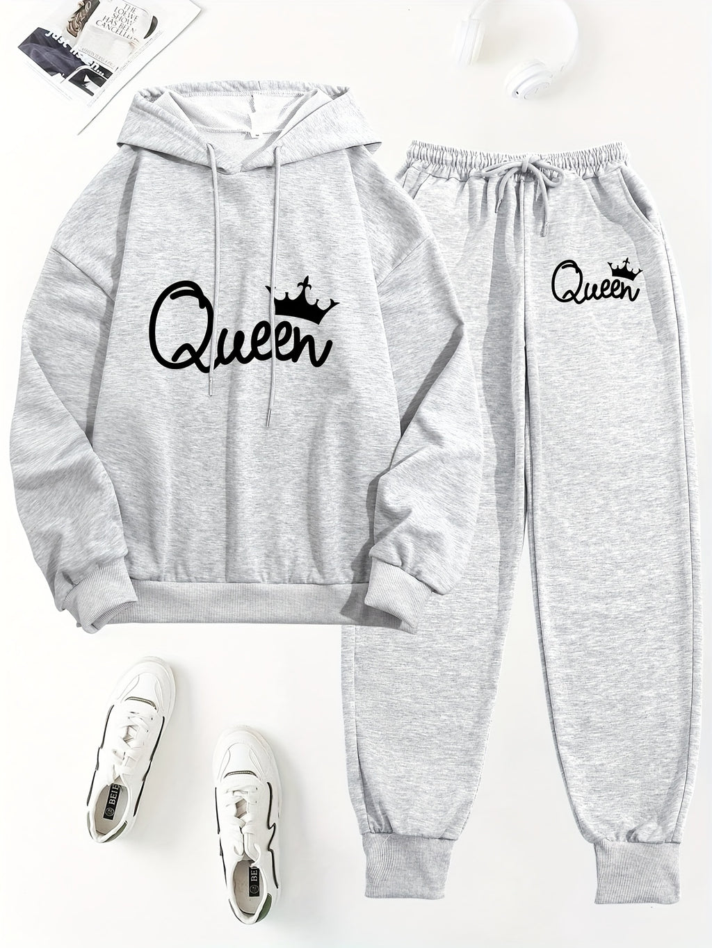 Queen Letter Print Two-Piece Set - Cozy Casual Long Sleeve Hoodie & Drawstring Sweatpants Outfits for Women - Soft Fleece Lining, Relaxed Fit, and Stylish Letter Print Design