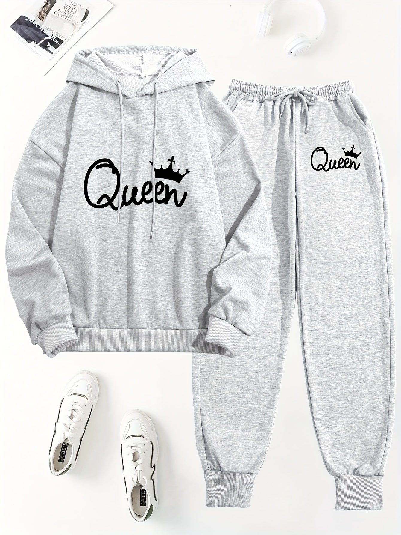 Queen Letter Print Two-Piece Set - Cozy Casual Long Sleeve Hoodie & Drawstring Sweatpants Outfits for Women - Soft Fleece Lining, Relaxed Fit, and Stylish Letter Print Design
