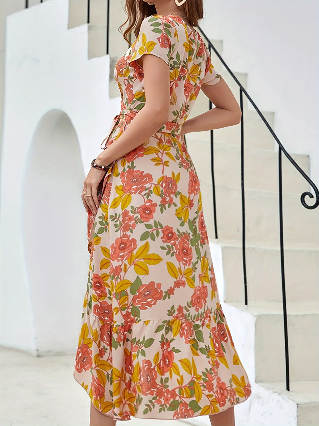 Charming Floral Print Surplice Neck Belted Ruffle Hem Dress - Elegant Women's Short Sleeve Dresses with Ruffled Hem and Adjustable Waist Belt - Perfect for Casual Occasions and Summer Outings