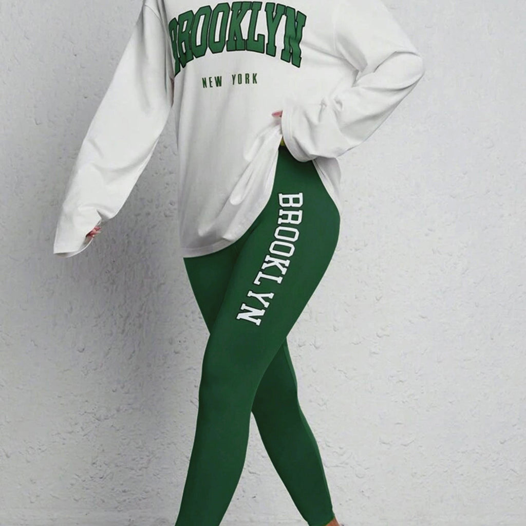 Women's Letter Print Casual Spring & Fall Two-piece Pants Set, Crew Neck Long Sleeve T-shirt & Slim Pants Outfits - For Women - Perfect for Casual Wear - Ideal Gift for Fashionable Ladies