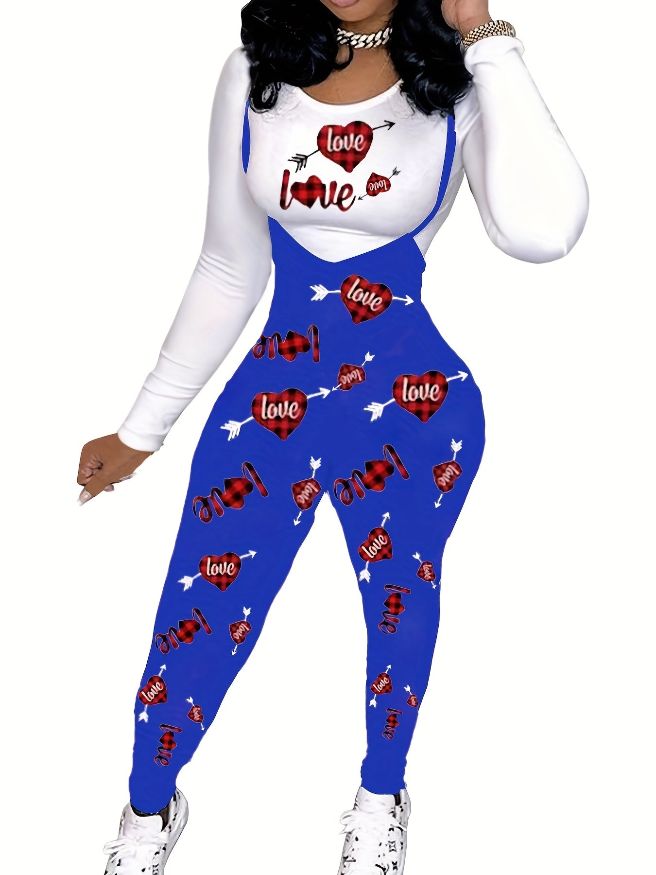 two-piece Houndstooth Print Long Sleeve T-Shirt & Cami Jumpsuit Set, Women's Casual Outfit