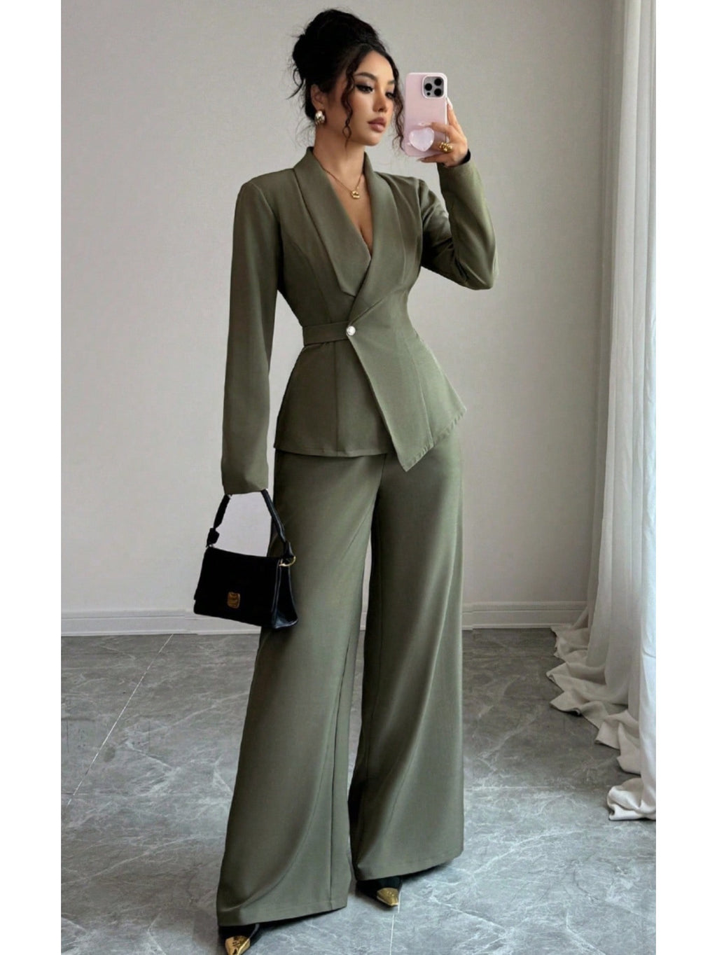 2pcs/ set Elegant Waist-Defined Suit Set for Women | Olive Green Asymmetric Blazer + Wide-Leg Trousers Two-Piece, Perfect for Spring/ Fall Office and Sophisticated Social Occasions, Suits For Women Elegant Classy, Trouser Sui
