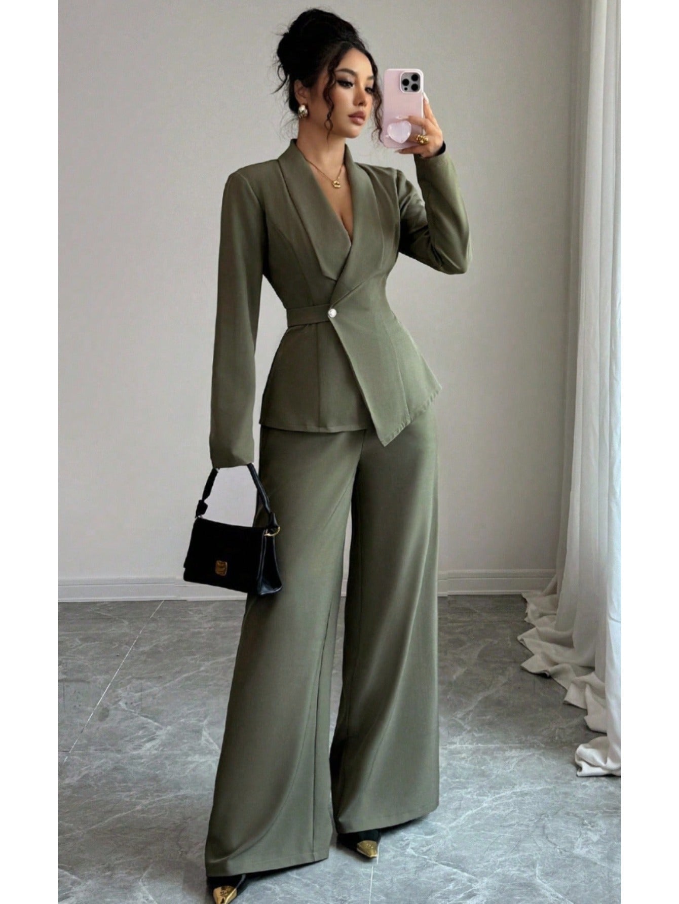 2pcs/ set Elegant Waist-Defined Suit Set for Women | Olive Green Asymmetric Blazer + Wide-Leg Trousers Two-Piece, Perfect for Spring/ Fall Office and Sophisticated Social Occasions, Suits For Women Elegant Classy, Trouser Sui