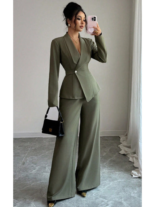 2pcs/ set Elegant Waist-Defined Suit Set for Women | Olive Green Asymmetric Blazer + Wide-Leg Trousers Two-Piece, Perfect for Spring/ Fall Office and Sophisticated Social Occasions, Suits For Women Elegant Classy, Trouser Sui