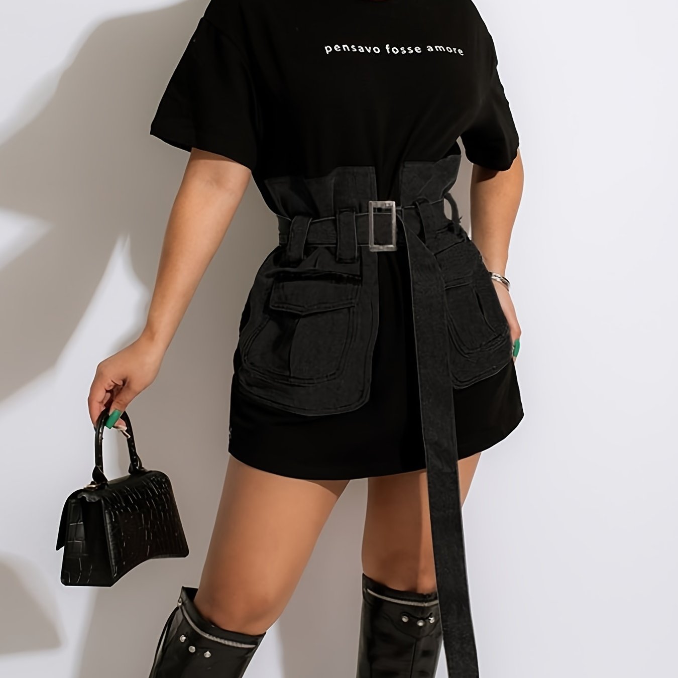 Western Crew Neck Belt Dress, Casual Loose Short Sleeve Denim Stitching Waist Summer Dresses, Women's Clothing