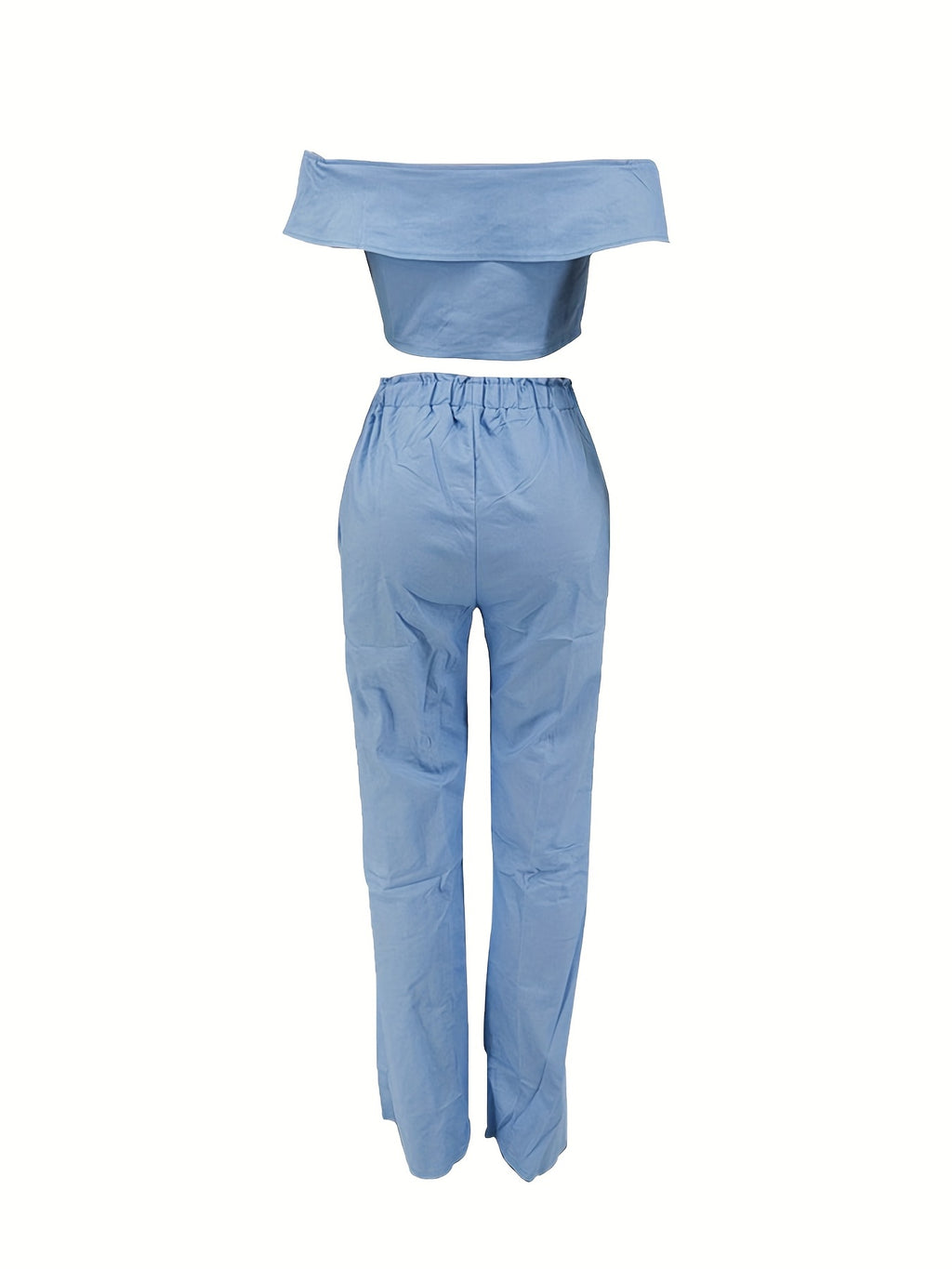 [Popular Choice] Off-Shoulder Ruffle Trim Wide-Leg Denim Two-Piece Set, Polyester Blend, Non-Stretch Fabric, Button Detail - Machine Washable, Perfect for Spring/Fall, Leisure Style, Spring/Autumn