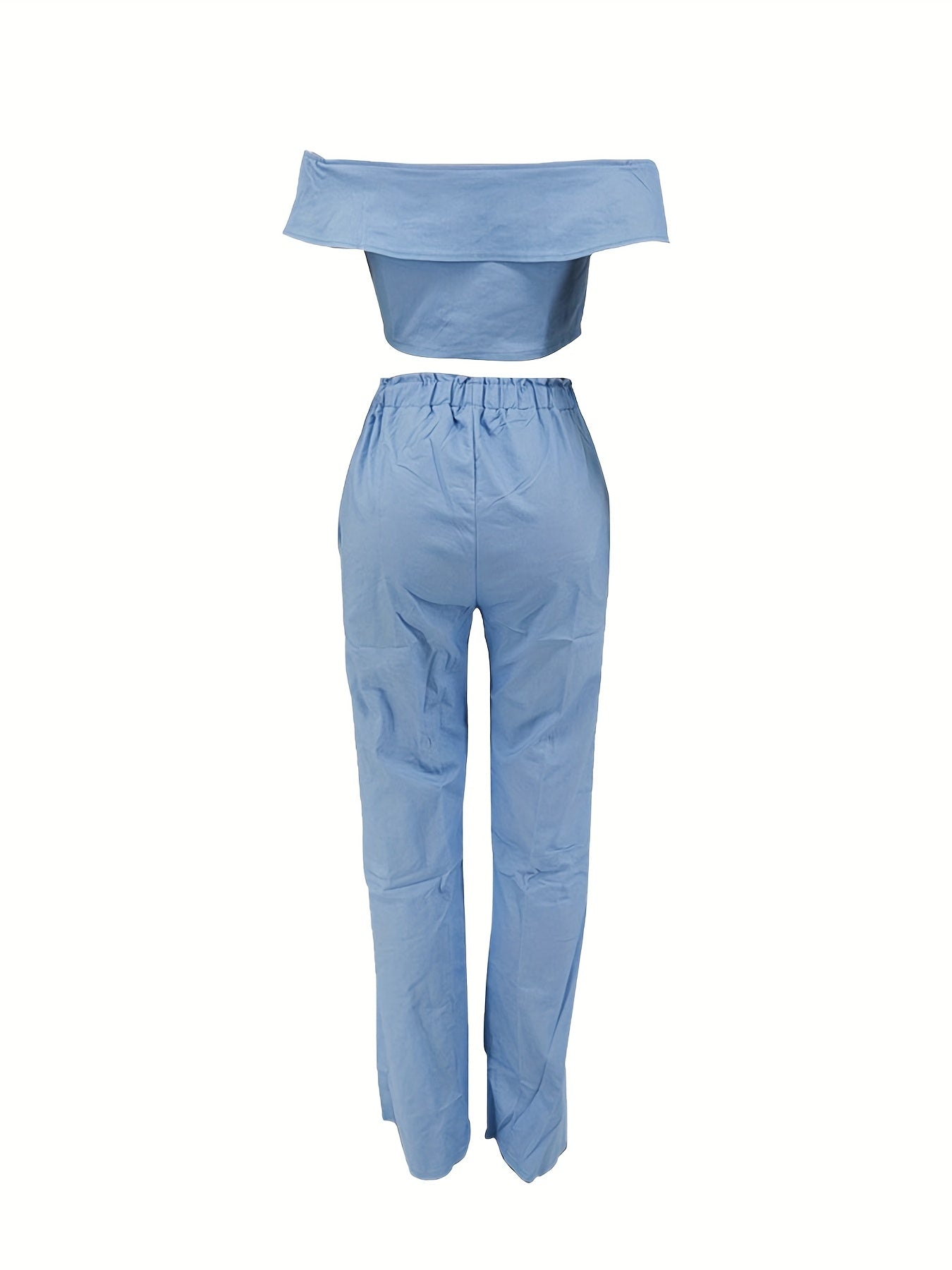 [Popular Choice] Off-Shoulder Ruffle Trim Wide-Leg Denim Two-Piece Set, Polyester Blend, Non-Stretch Fabric, Button Detail - Machine Washable, Perfect for Spring/Fall, Leisure Style, Spring/Autumn