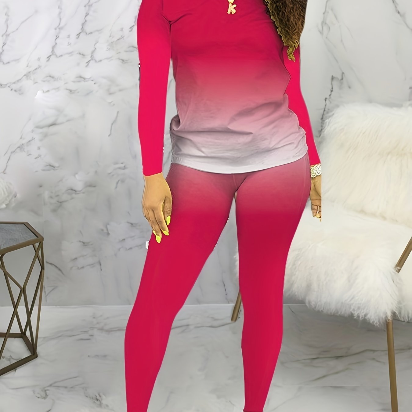 Plus Size Casual Outfits Set, Women's Plus Ombre Print Long Sleeve Round Neck Top & Pants Outfits Two Piece Set