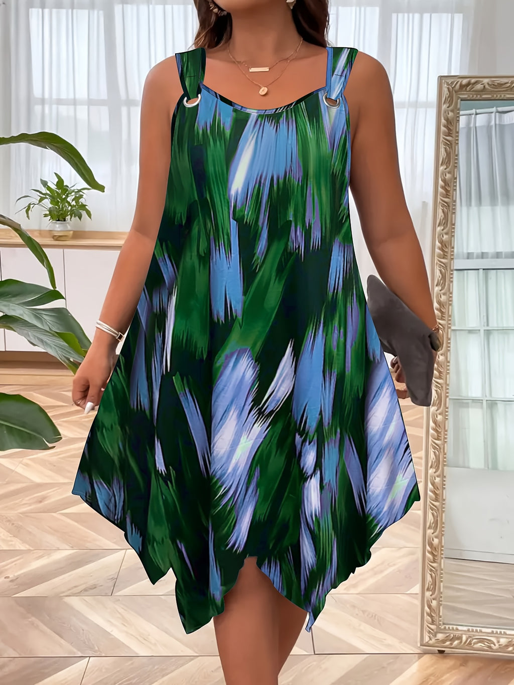 Plus Size Women's Elegant Sleeveless Summer Dress - Gradient Print with Pockets, Asymmetrical Hem & Round Neck, Machine Washable Casual to Semi-Formal Wear, Casual Summer Dresses, Lightweight Fashion, Round Neckline, Flowy Si