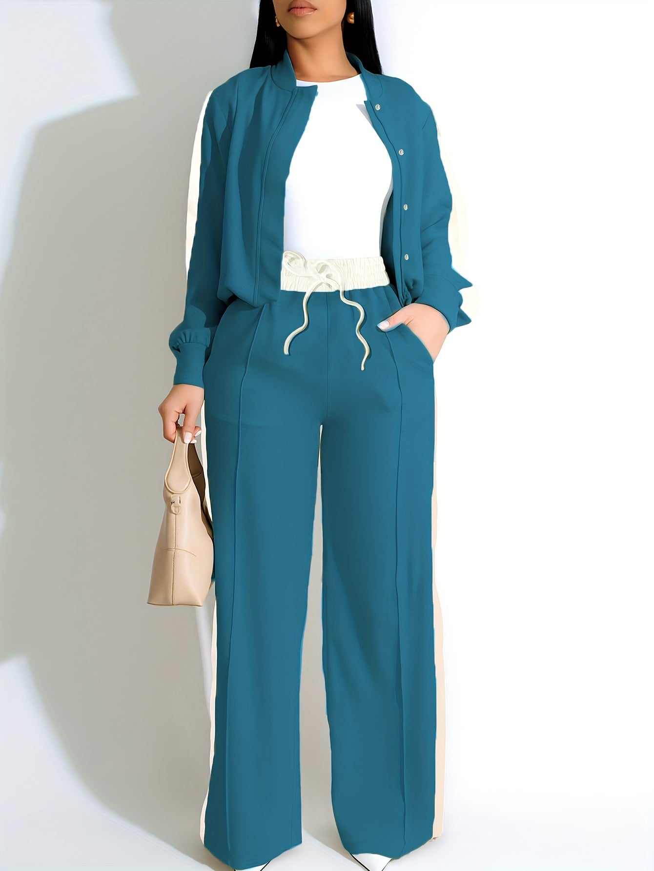 Women's Casual Two-Piece Set Zip-up Bomber Jacket & High-Waist Jogger Pants with Side Stripes, Trendy And Comfortable, Tracksuits Sets For Ladies, Track Suits Women Two Piece, Track Suits Sets For Women, Sweat Suits Women Two
