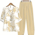 two-piece Women's Plant Print Top and Elastic Waist Pants Outfit - Comfortable and Stylish