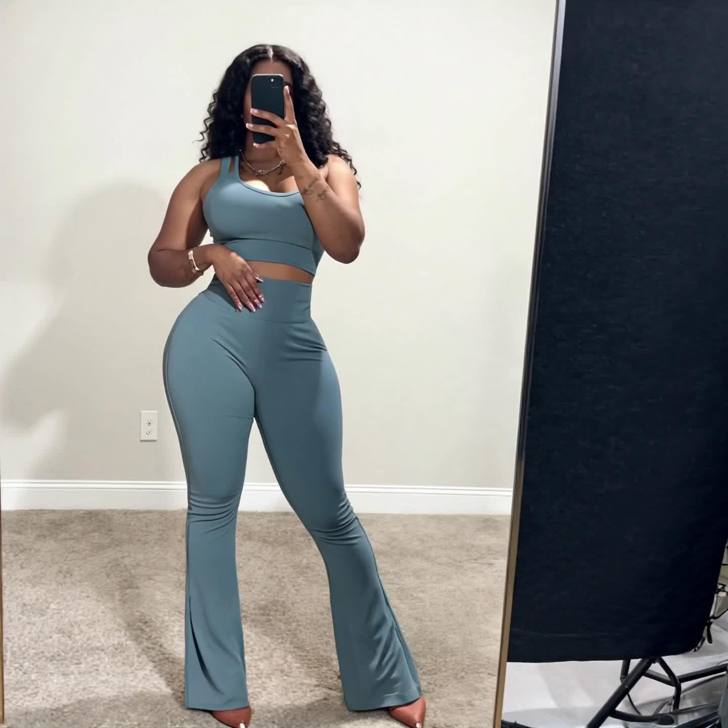 Casual Two Piece Outfits for Women Short Tank Top Crop High Waist Flare Pants Sets