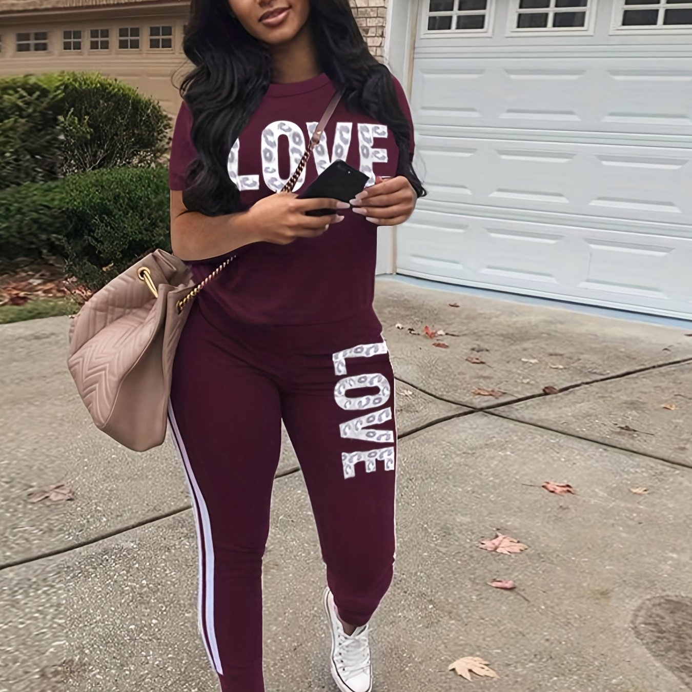 Casual Letter Print Two-piece Set, Short Sleeve T-shirt & Side Striped Pants Outfits - Women's Clothing -  Stylish & Comfortable - For Casual Wear - Perfect Gift for Fashionable Women