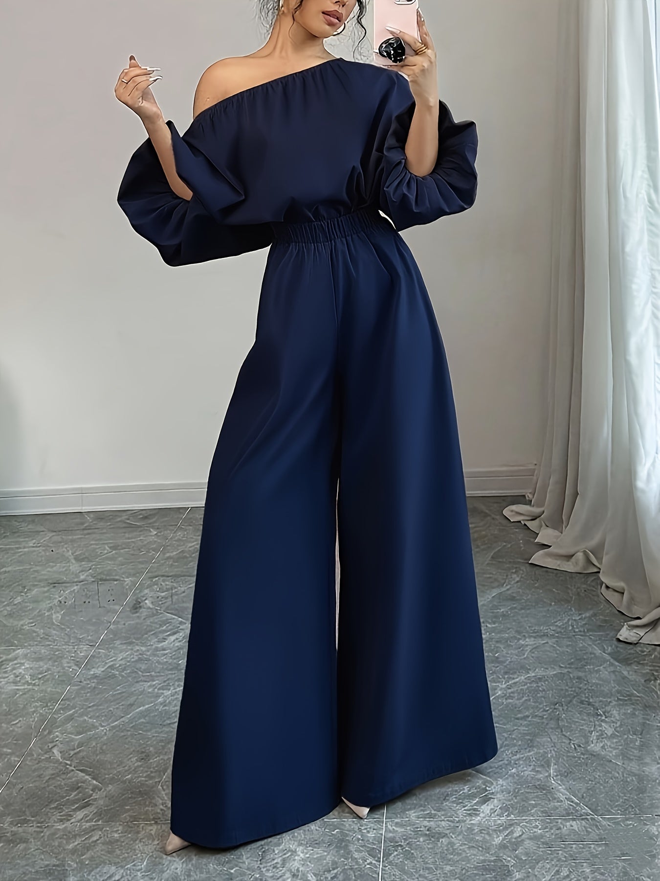Women's Elegant Navy Blue Elegant Two-Piece Set - Structured One-Shoulder Bubble Sleeve Top & High-Waisted Wide-Leg Pants, Solid Color Winter Outfit with Puffed Sleeves, Machine Washable Formal & Everyday Winter Attire for Fa