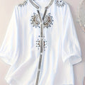 Women's White Short Sleeve Blouse with Black & Grey Floral//Leaf/Paisley/Star/Bird/Bee/Bouquet/Bell/Heart//Chain/rrow//Starfish/Bubblegum//Chrysanthemum//Maple Leaf/Maple/Bee/Chrysanthemum/Lilac/Lilac/Bell/Chrysanthemum -, Bl