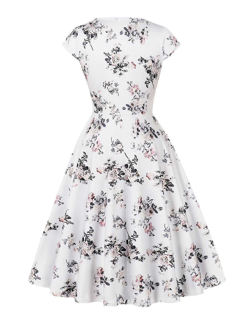 Print Knee-Length Dress - Stretchy Polyester, Machine Washable, White with Black & Pink Flowers, Ideal for Casual Parties, Comfortable Fashion|Sleeveless Dress|Glossy Texture, Plus Size Summer Dresses