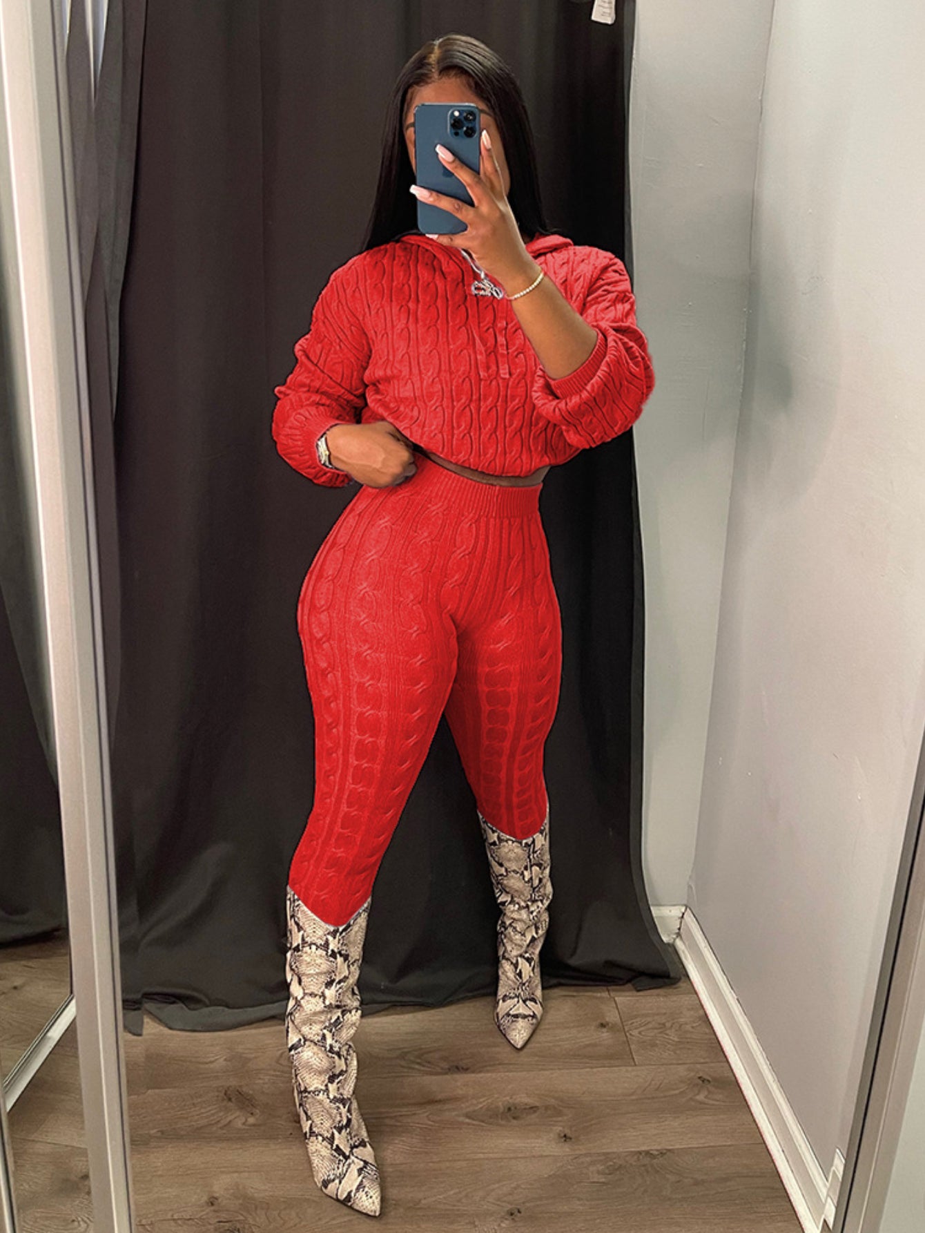 Women's Warm Winter Outfit - 2pcs Red Twisted Hoodie & Leggings Set, Oversized Hooded Sweater with Matching Pants - Cozy Solid Color Outfits for Casual & Party Wear, Stylish Fall Winter Outfits for Women (Easy-Care Fabric)