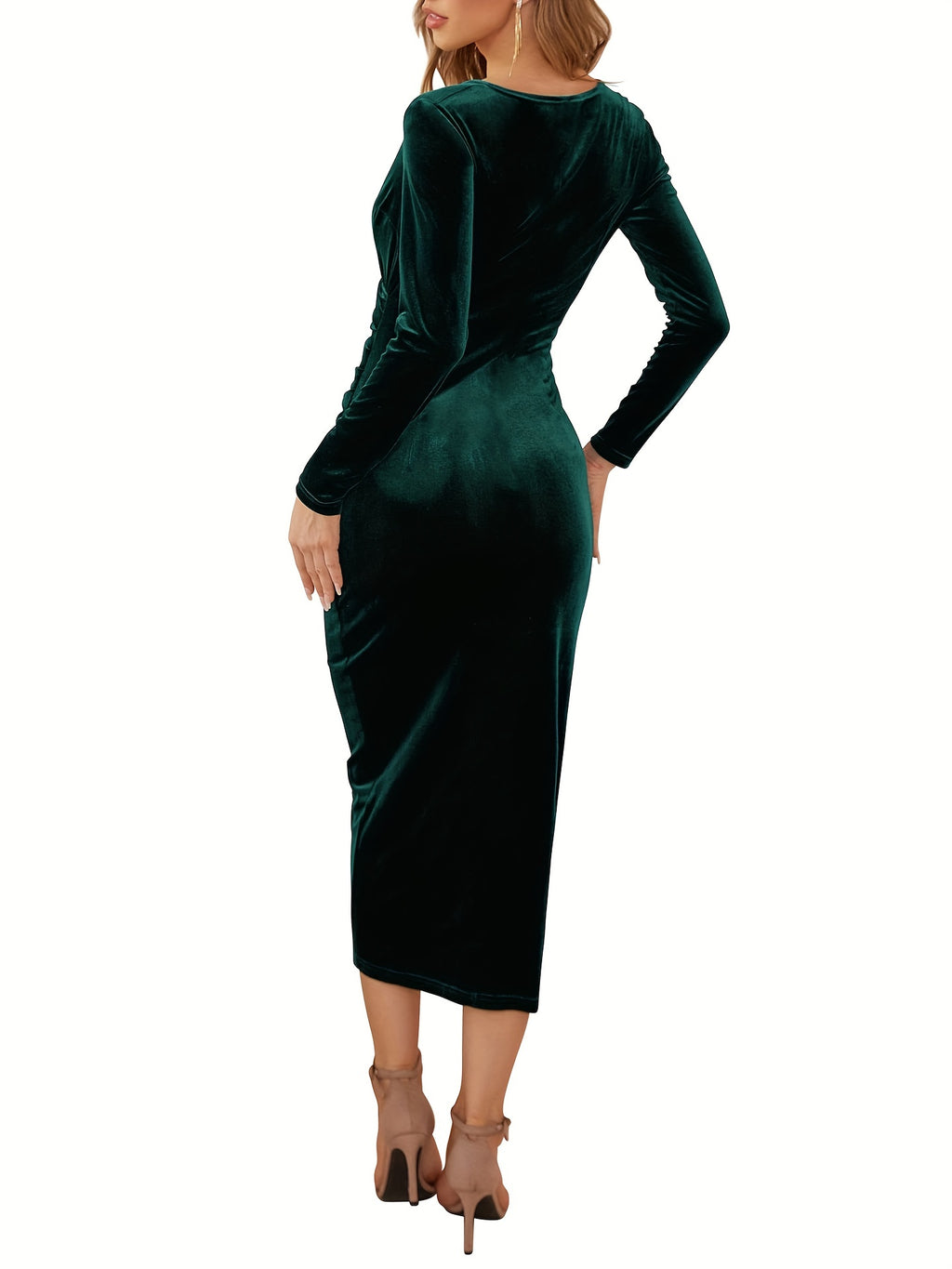 Surplice Neck Solid Dress, Elegant Long Sleeve Bodycon Party Dress, Women's Clothing