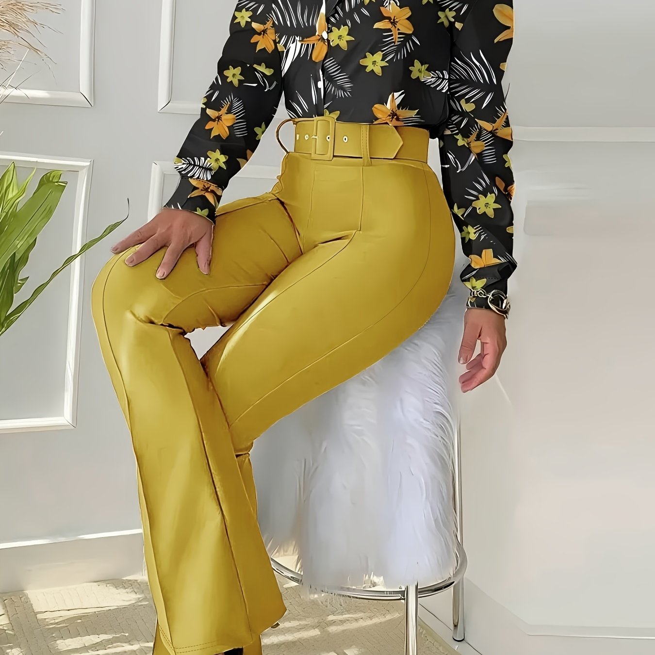 Women'S Casual Floral Print Two-Piece Set - Long Sleeve Blouse with Ruffle Detail, Wide-Leg Pants, and White Heels, All-Season Stylish Outfit, Casual Attire | Floral Print Top | Ruffle Detail Top, Ladies Casual Wear