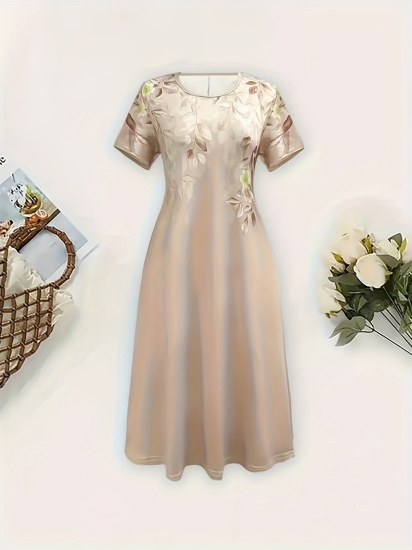 Floral Print Lightweight Polyester A-Line Midi Dress for Women - Short Sleeve, Round Neck, Perfect for Spring/Summer Vacations, Beachwear Ready, Beach Dress, Attractive Skirts for Women, Summer Clothing Promotion for Ladies,