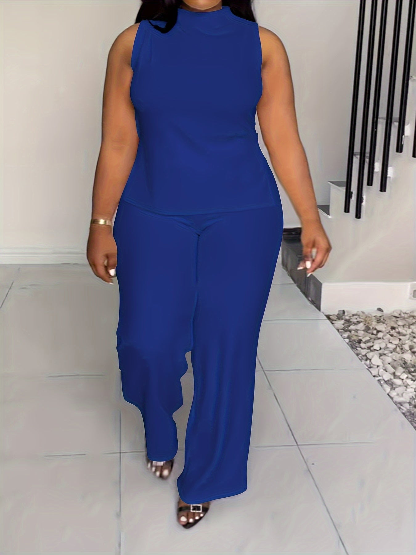 Plus Size Elegant Lash Sets - High Neck, Split Sleeveless Top & Slit Hem Pants, Medium Stretch Polyester, Machine Washable, Solid Color, No Printing - Summer Outfits for Women