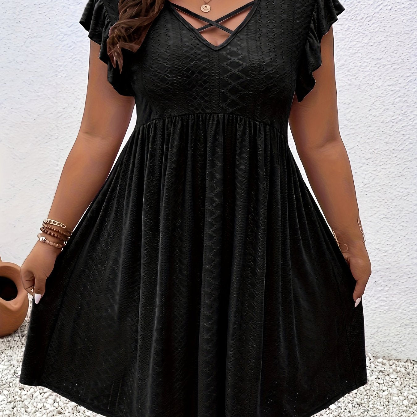 Plus Size, Women's Elegant Black Formal & casual Dresses - Flared Hem Party Wedding Outfit, Machine Washable Semi-Formal Evening Gown for Women, Dresses for Wedding Guest, Vneck Dress, Semitransparent Material, Elegant Embroi