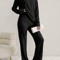 Two-piece Long Sleeve Casual Ribbed Knit Set, V Neck Top & Loose Pants Outfits for Women