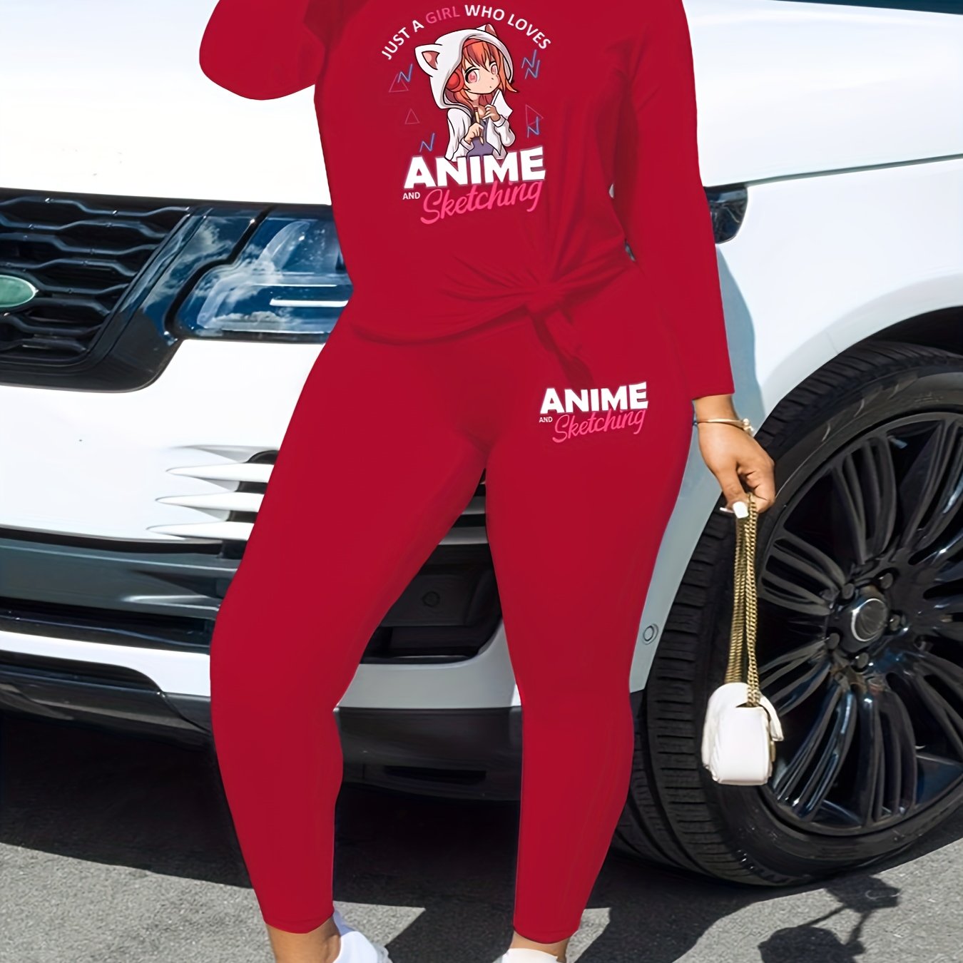 Two-Piece Anime Graphic Print Outfit - Crew Neck Long Sleeve Top and Slim Fit Pants Set for Women - Polyester Knit Fabric, Mid Elasticity, Positioning Printing, Cute Style, Fall/Winter Season