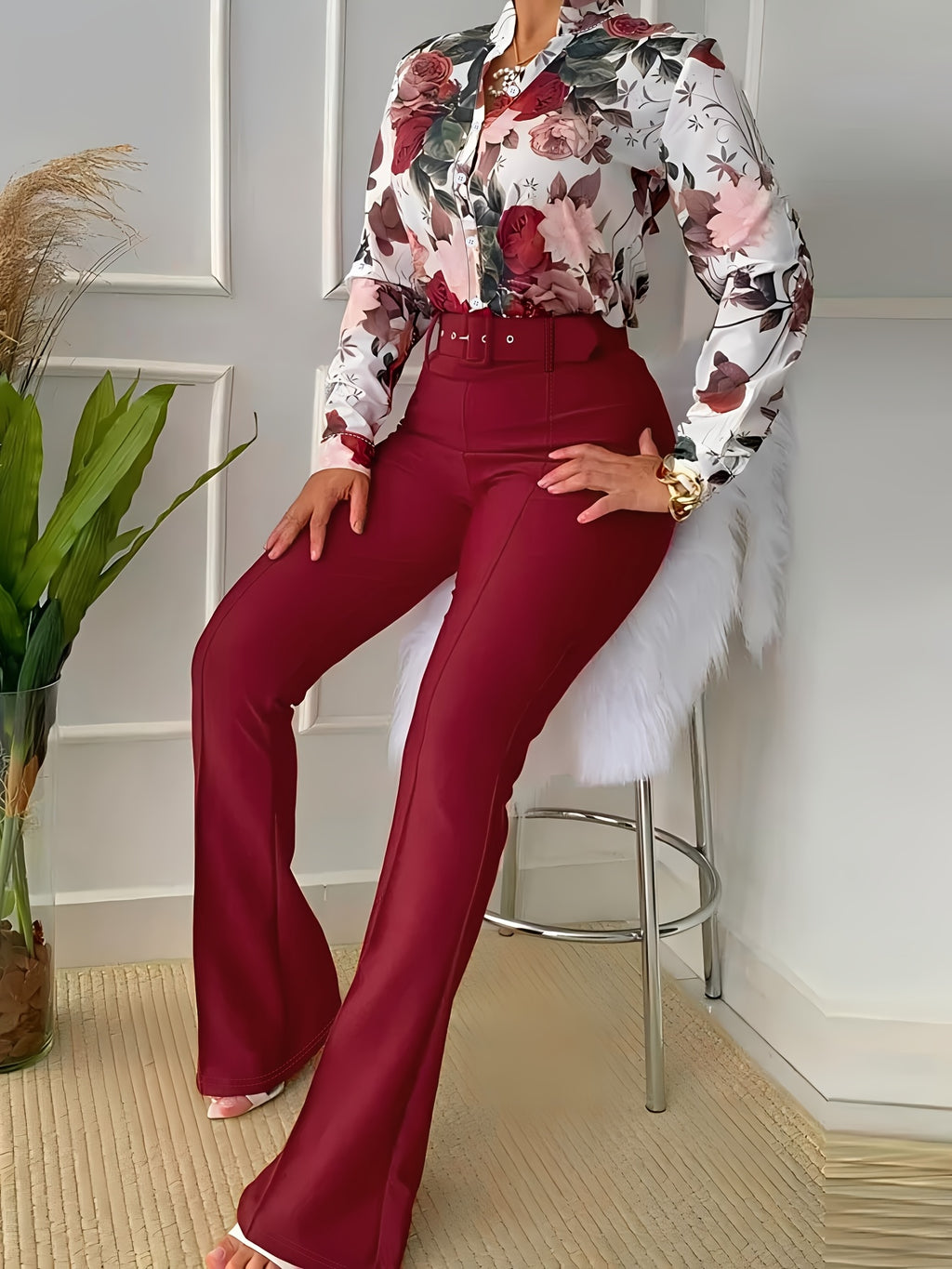 Women'S Casual Floral Print Two-Piece Set - Long Sleeve Blouse with Ruffle Detail, Wide-Leg Pants, and White Heels, All-Season Stylish Outfit, Casual Attire | Floral Print Top | Ruffle Detail Top, Ladies Casual Wear