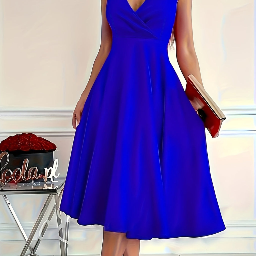 2025 Spring Summer Women's Sleeveless V-Neck A-Line Dress - Royal Blue Knee-Length Casual to Evening Dress with Asymmetrical Hem, Machine Washable & Plus Size Friendly, Casual Summer Dresses, Formal Attire, Offshoulder Fashio