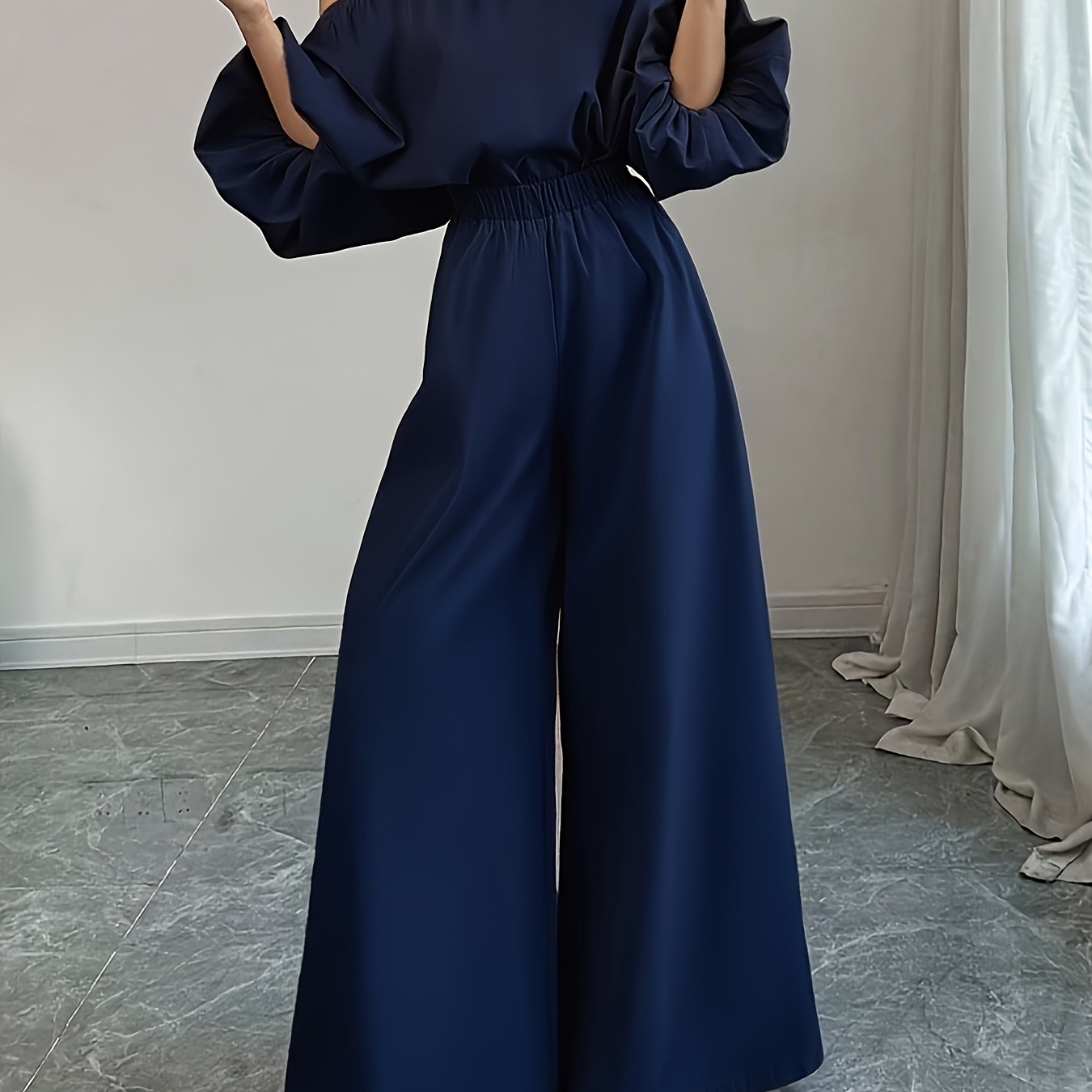 Women's Elegant Navy Blue Elegant Two-Piece Set - Structured One-Shoulder Bubble Sleeve Top & High-Waisted Wide-Leg Pants, Solid Color Winter Outfit with Puffed Sleeves, Machine Washable Formal & Everyday Winter Attire for Fa