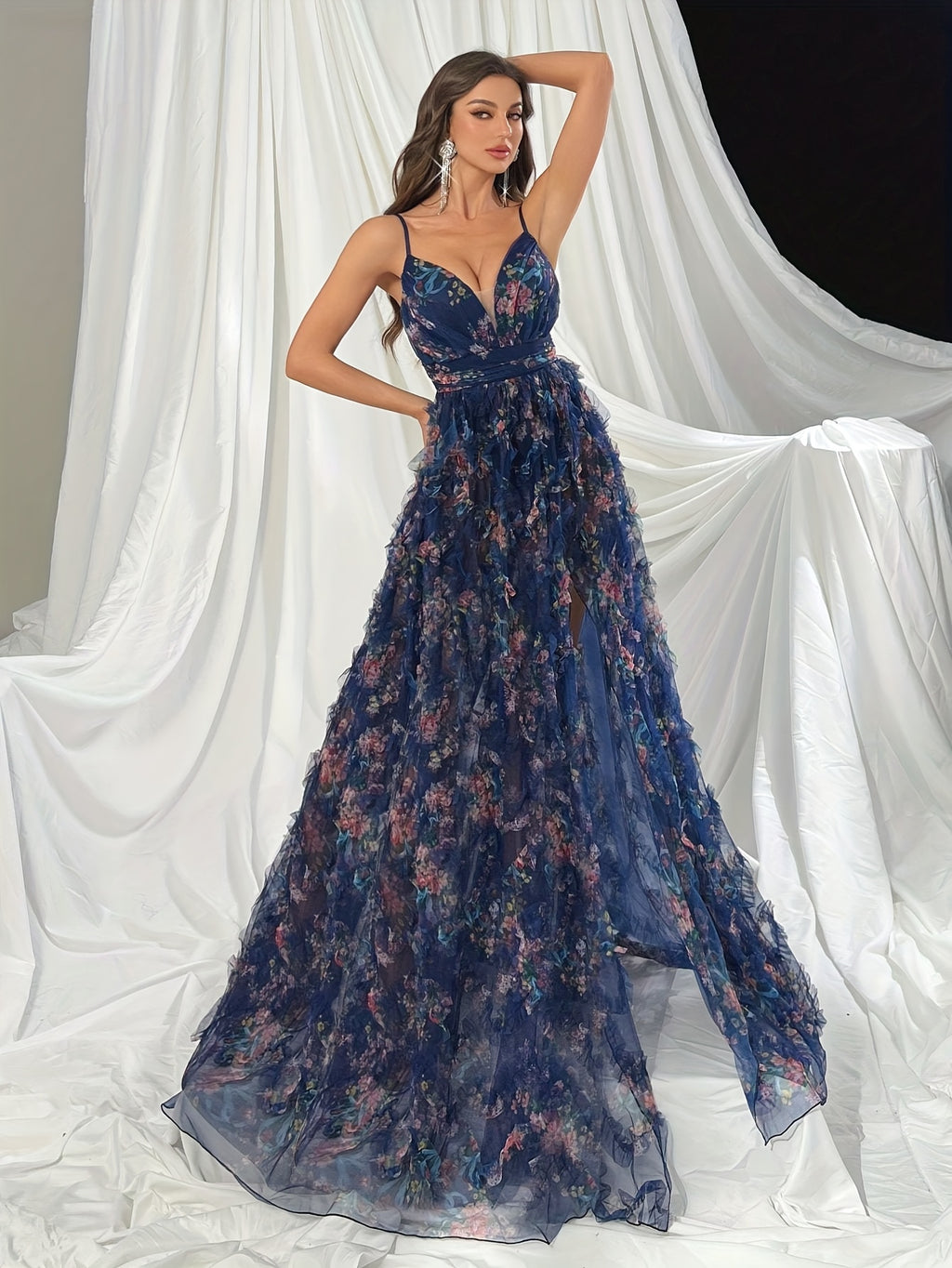 Summer Chic] Elegant Women's Floral Print Ruffled Mesh Evening Gown with Side Slit Hem, Sleeveless Maxi Dress for Summer Parties & Formal Events, Deep Blue with Vibrant Floral Print Patterns, A-Line Silhouette, Polyester Fabr