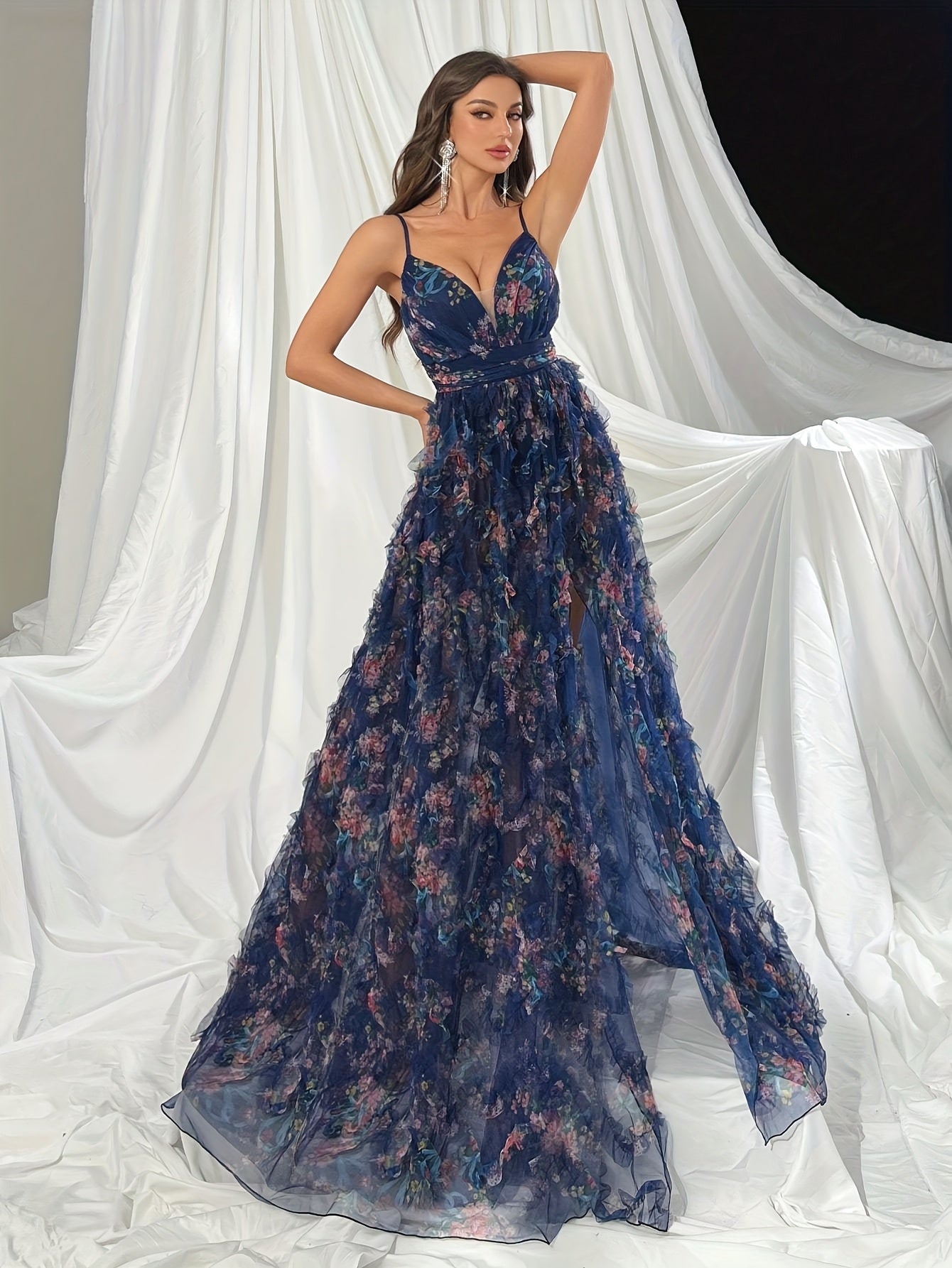 Summer Chic] Elegant Women's Floral Print Ruffled Mesh Evening Gown with Side Slit Hem, Sleeveless Maxi Dress for Summer Parties & Formal Events, Deep Blue with Vibrant Floral Print Patterns, A-Line Silhouette, Polyester Fabr