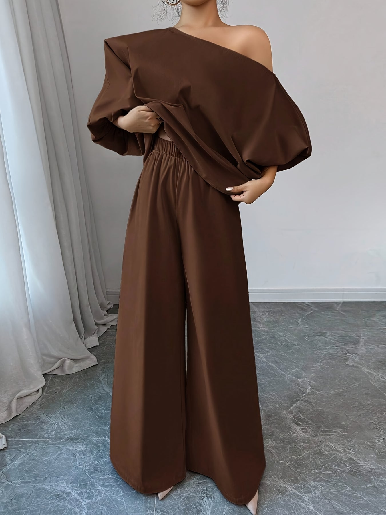Women's Elegant Navy Blue Elegant Two-Piece Set - Structured One-Shoulder Bubble Sleeve Top & High-Waisted Wide-Leg Pants, Solid Color Winter Outfit with Puffed Sleeves, Machine Washable Formal & Everyday Winter Attire for Fa