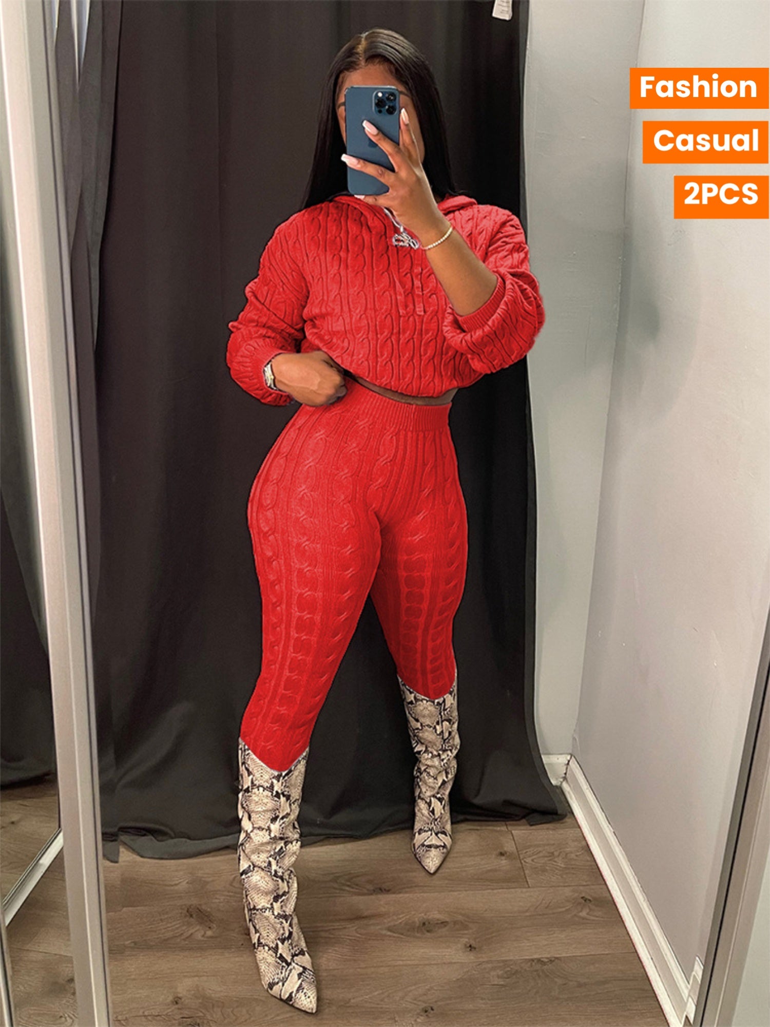 Women's Warm Winter Outfit - 2pcs Red Twisted Hoodie & Leggings Set, Oversized Hooded Sweater with Matching Pants - Cozy Solid Color Outfits for Casual & Party Wear, Stylish Fall Winter Outfits for Women (Easy-Care Fabric)