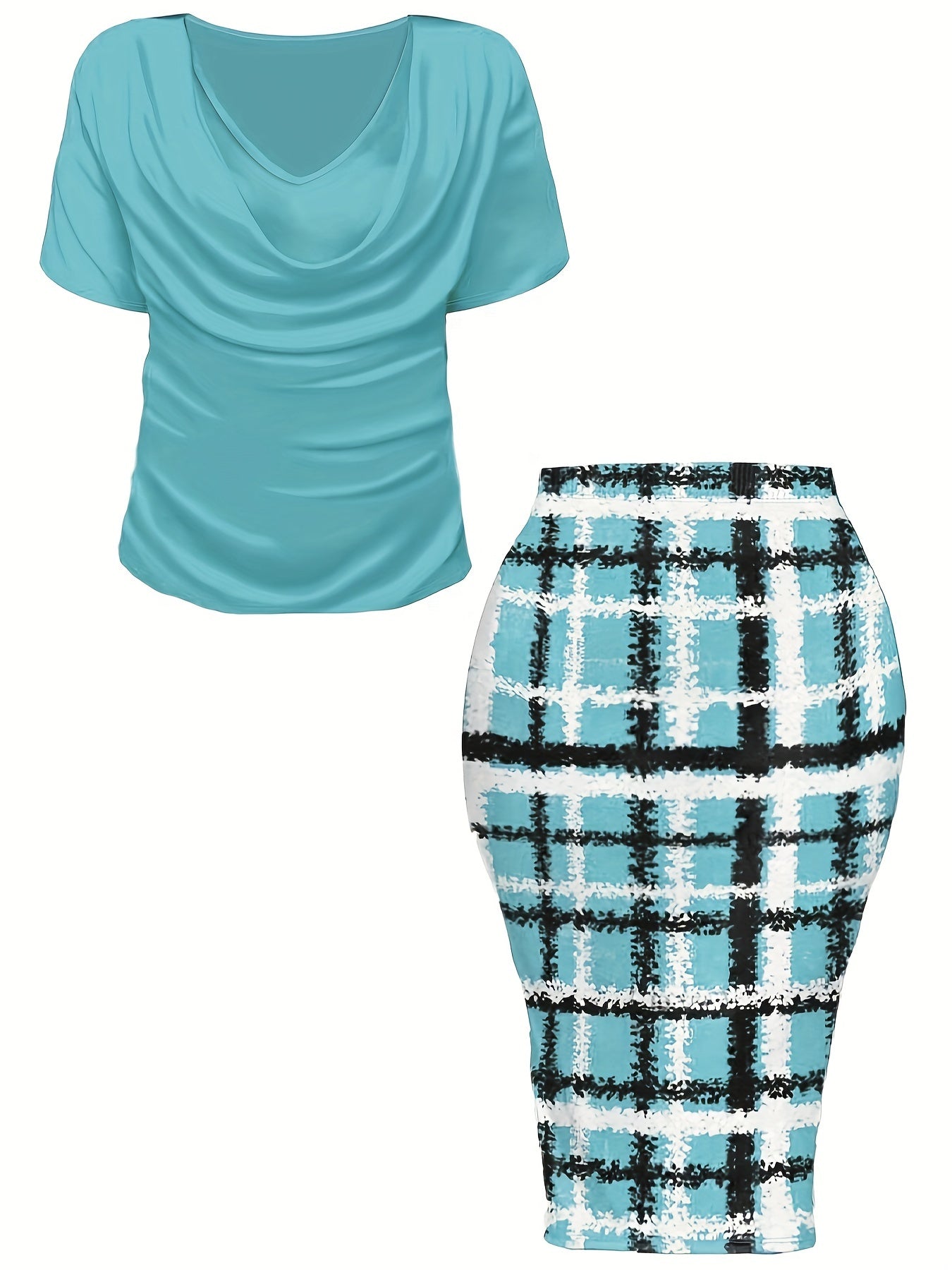 Women's Plus Size Plaid Print Two-piece Set, Cowl Neck Short Sleeve Top & Skirt Outfits -  For Women Size 14-24 - Casual & Stylish - Perfect for Fall/Winter - Great Gift for Fashionable Women