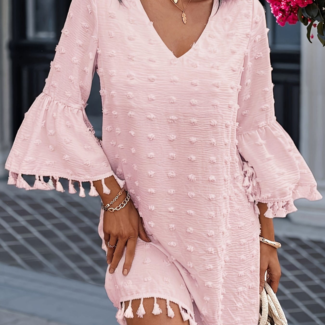 Women's Summer Casual Polka Dot V-Neck Dress with Ruffle Sleeves & Cutout Details - Lightweight Straight Cut Beach Dress for Women, Hand Wash Only, Summer Fashion | Bohemian Style | Frayed Hem Detailing, Summer Dresses