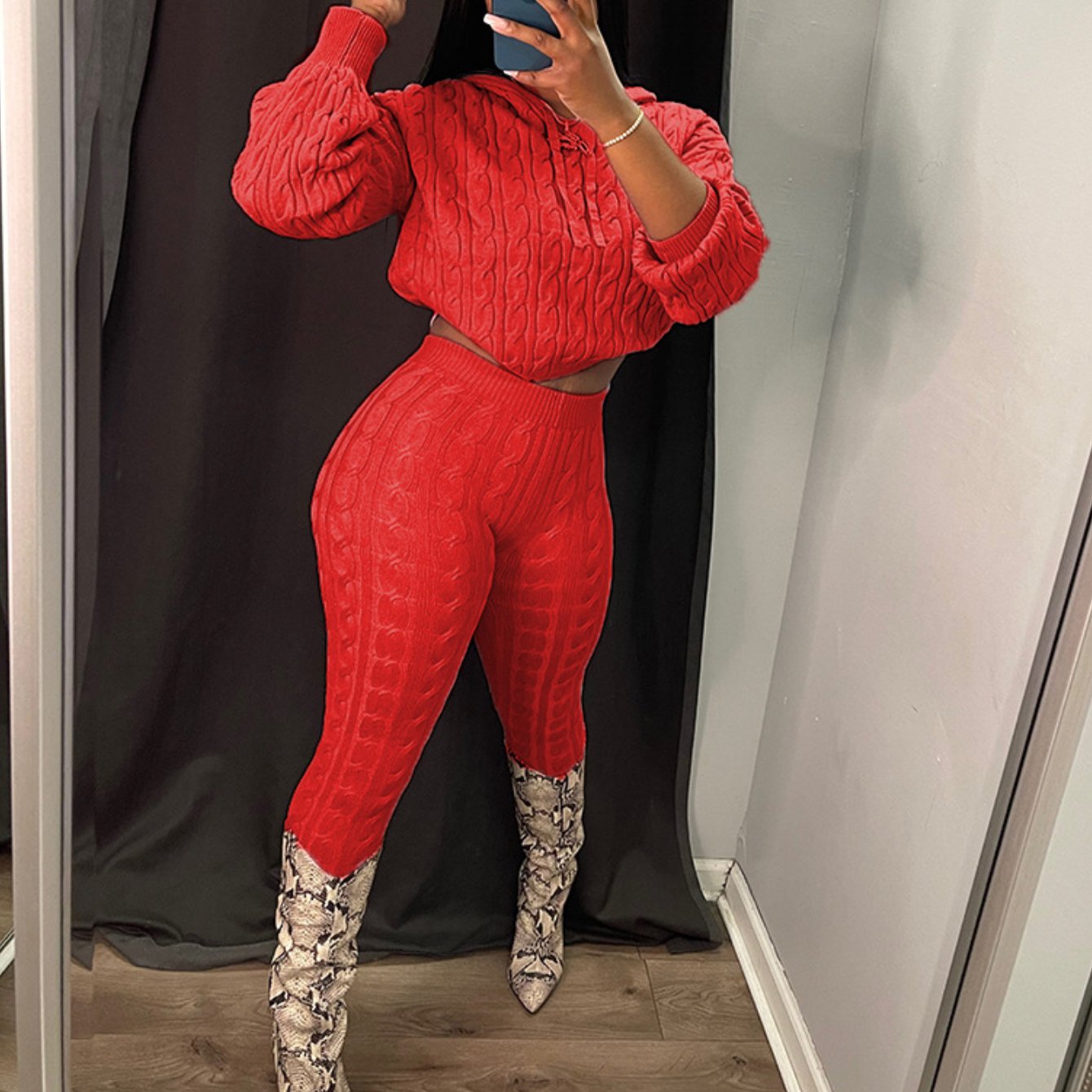 Women's Warm Winter Outfit - 2pcs Red Twisted Hoodie & Leggings Set, Oversized Hooded Sweater with Matching Pants - Cozy Solid Color Outfits for Casual & Party Wear, Stylish Fall Winter Outfits for Women (Easy-Care Fabric)