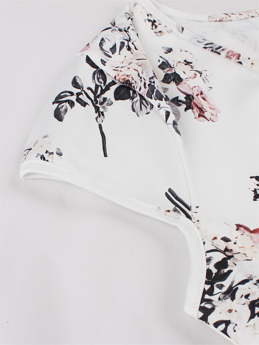 Print Knee-Length Dress - Stretchy Polyester, Machine Washable, White with Black & Pink Flowers, Ideal for Casual Parties, Comfortable Fashion|Sleeveless Dress|Glossy Texture, Plus Size Summer Dresses