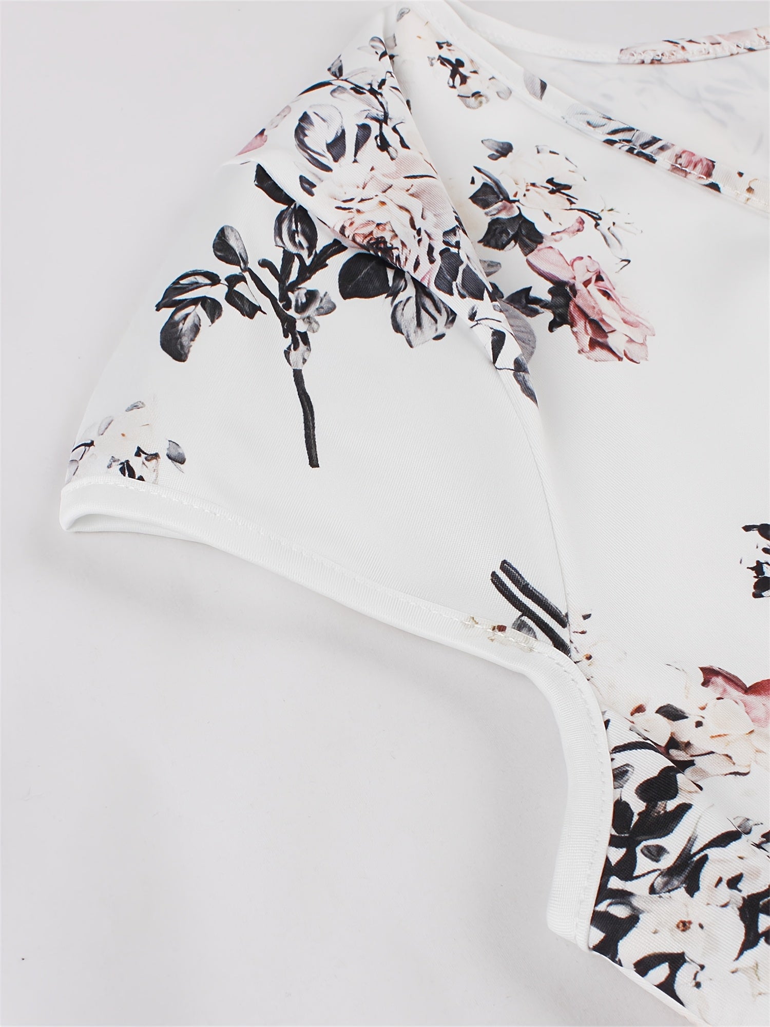 Print Knee-Length Dress - Stretchy Polyester, Machine Washable, White with Black & Pink Flowers, Ideal for Casual Parties, Comfortable Fashion|Sleeveless Dress|Glossy Texture, Plus Size Summer Dresses