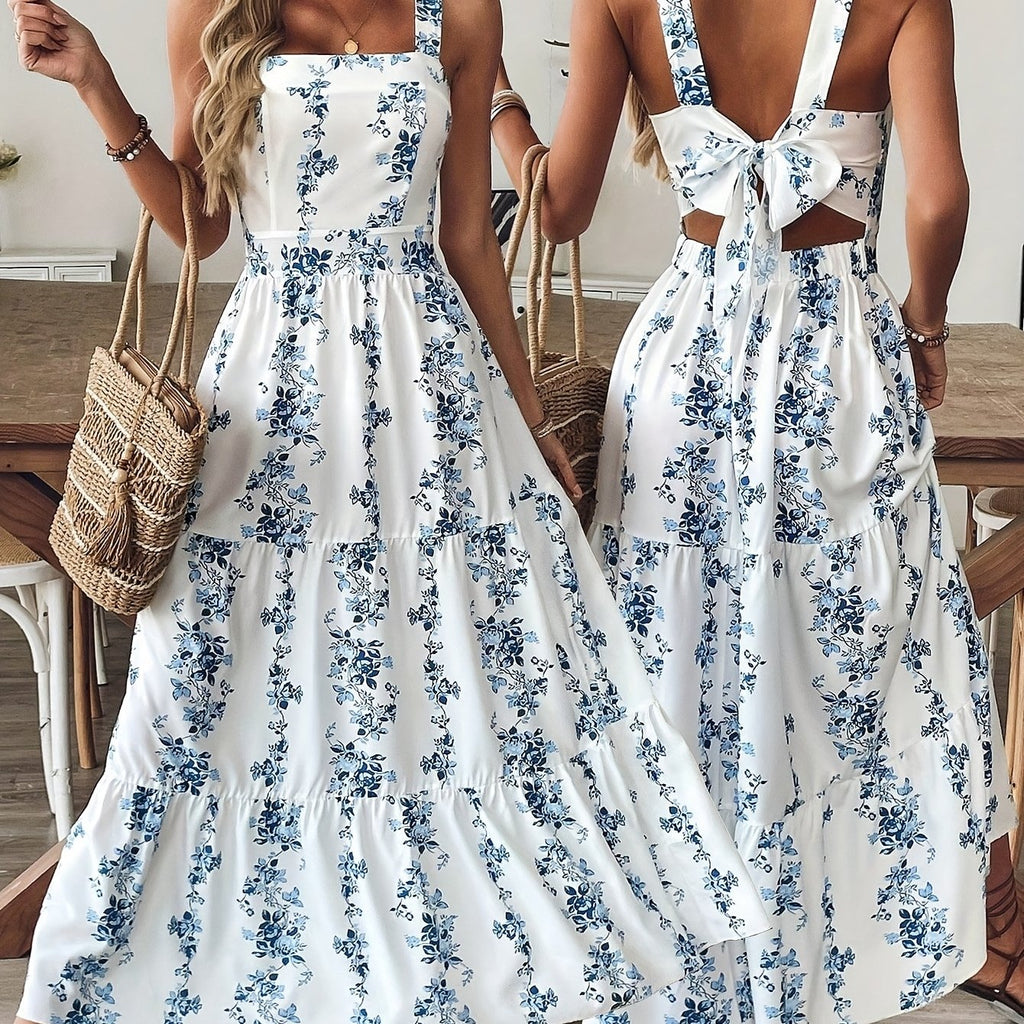Women'S Floral Print Sleeveless A-Line Dress - Elegant Square Neck Summer Dress with Back Bow Detail, Blue & White Floral Print, Lightweight Breathable Fabric for Casual, Office & Vacation Wear, Casual Summer Dresses, Flowy F