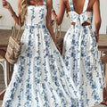 Women'S Floral Print Sleeveless A-Line Dress - Elegant Square Neck Summer Dress with Back Bow Detail, Blue & White Floral Print, Lightweight Breathable Fabric for Casual, Office & Vacation Wear, Casual Summer Dresses, Flowy F