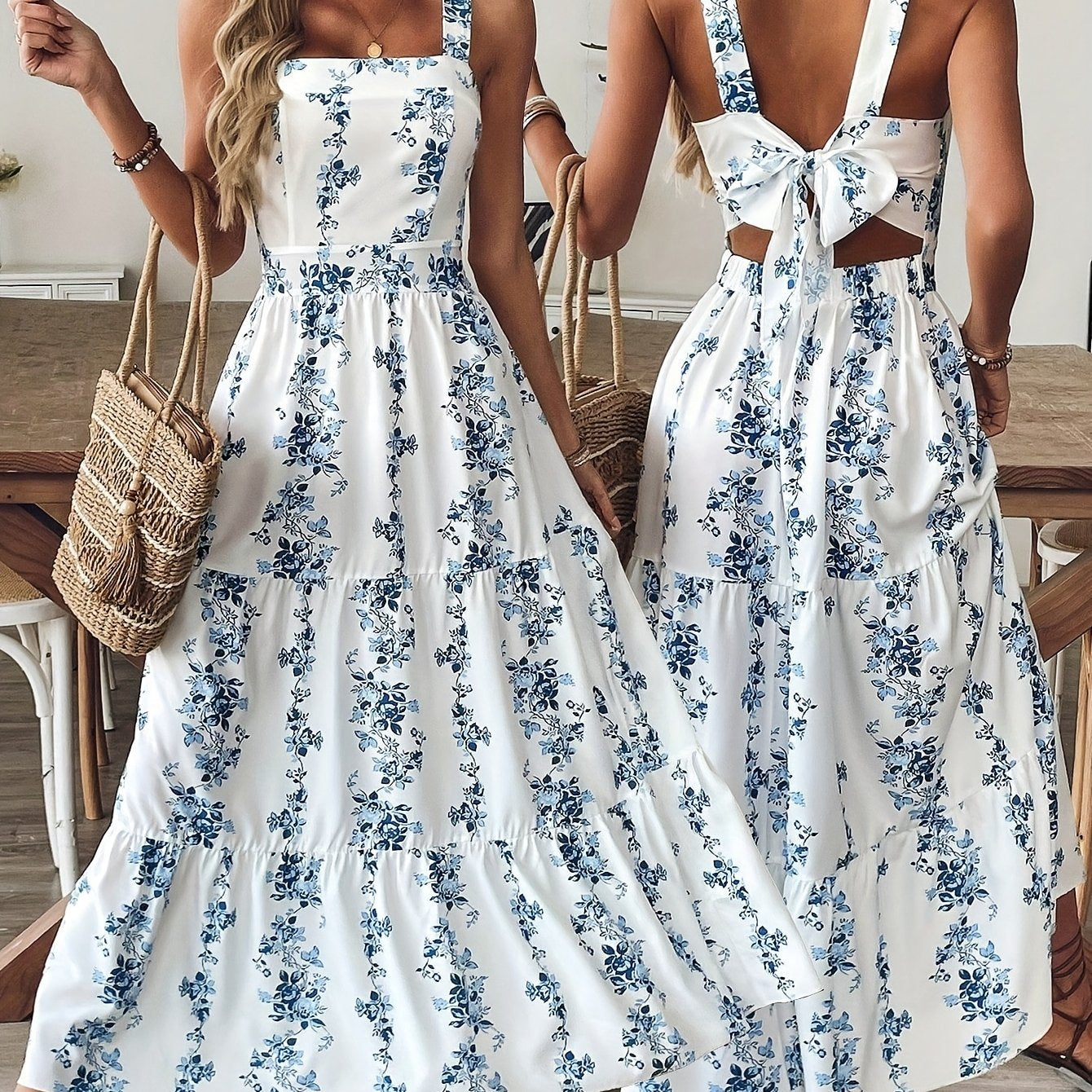Women'S Floral Print Sleeveless A-Line Dress - Elegant Square Neck Summer Dress with Back Bow Detail, Blue & White Floral Print, Lightweight Breathable Fabric for Casual, Office & Vacation Wear, Casual Summer Dresses, Flowy F