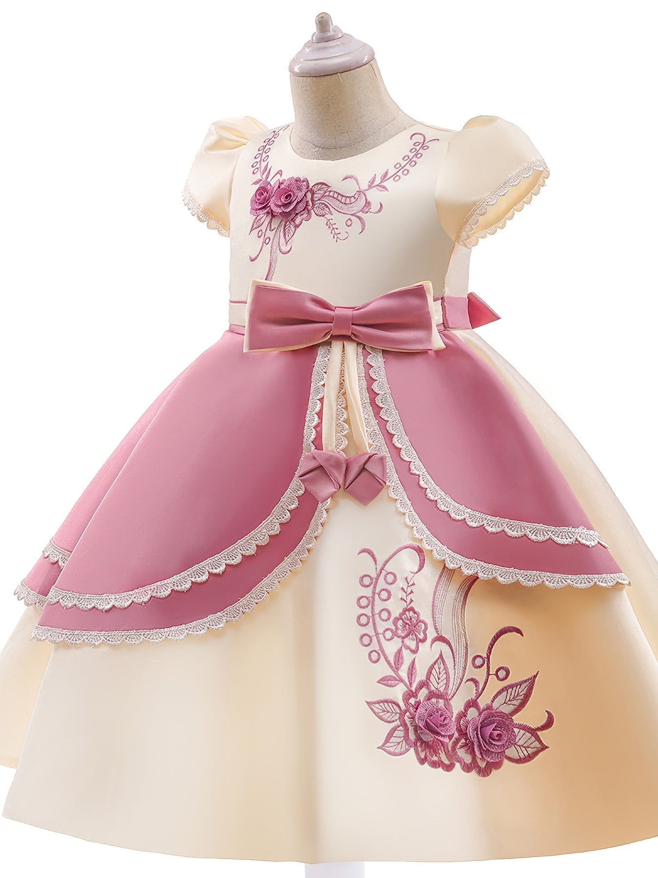 Girls Princess Dress Short Sleeve Embroidered Flower Bow Lace Dress Performance Dress Wedding Flower Girls For Evening Birthday Party Kids Clothes
